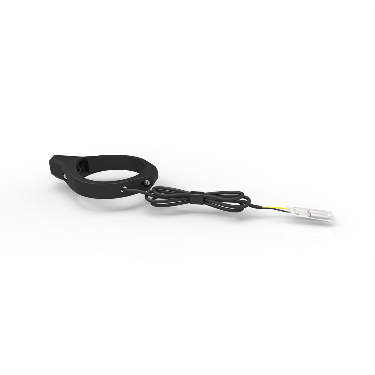 MOTOISM Gabelschelle Type Four Evo mit integriertem LED-Blinker – Seitenansicht mit Anschlusskabel